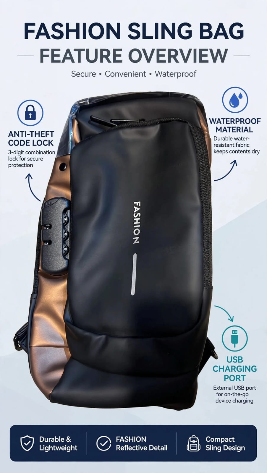 Anti-Theft Crossbody Sling Bag With Usb Port + Code Lock - FASHION