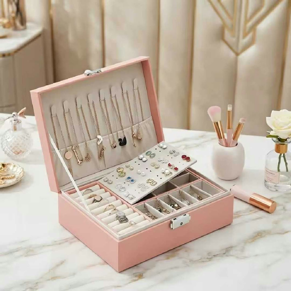 Jewelry Organizer Box - Double Layer Travel Case with Lock