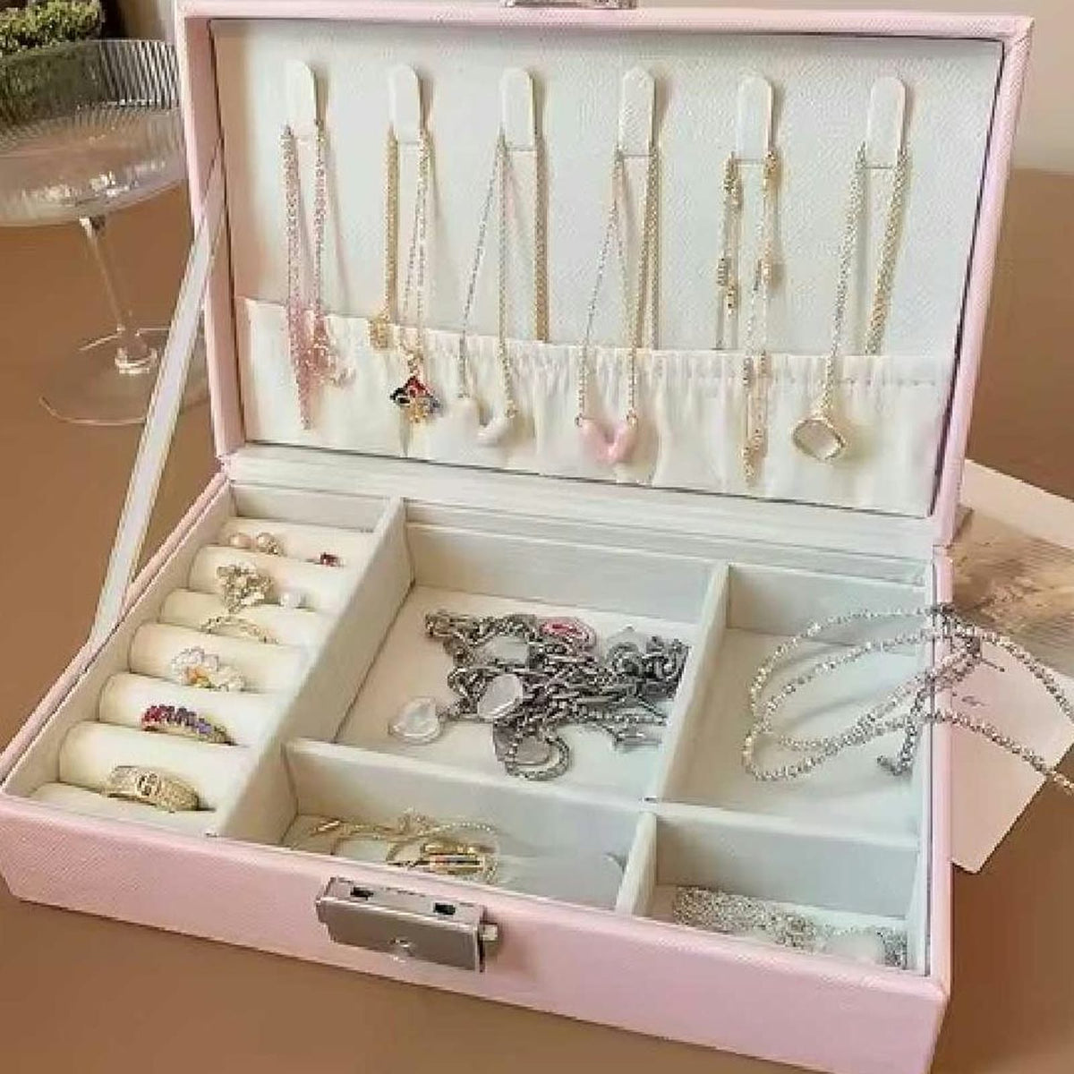 Jewelry Organizer Box - Double Layer Travel Case with Lock
