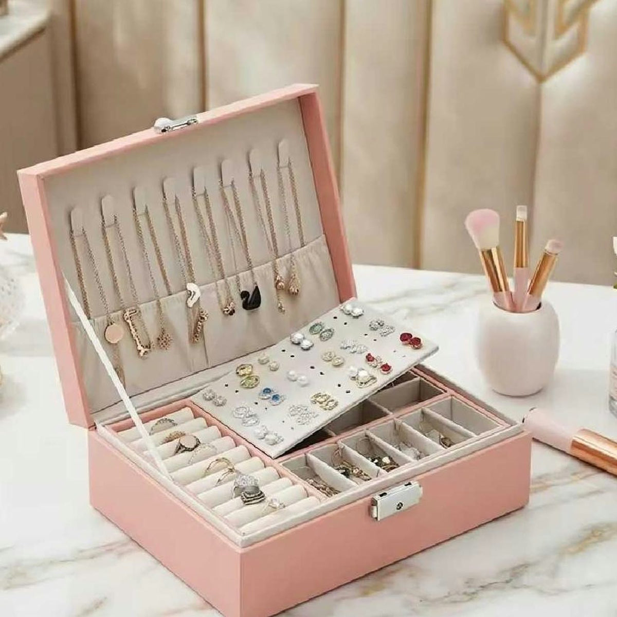 Jewelry Organizer Box - Double Layer Travel Case with Lock