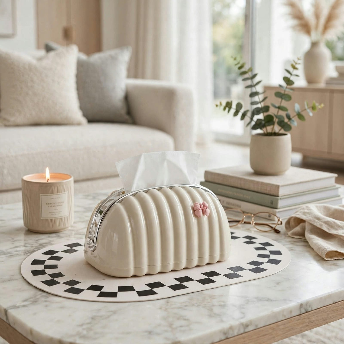 Shell Wave Tissue Box – Luxury Bow Design with Spring Lift