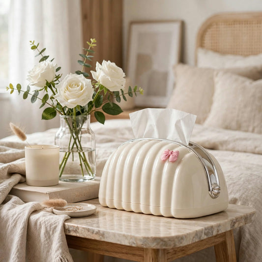Shell Wave Tissue Box – Luxury Bow Design with Spring Lift